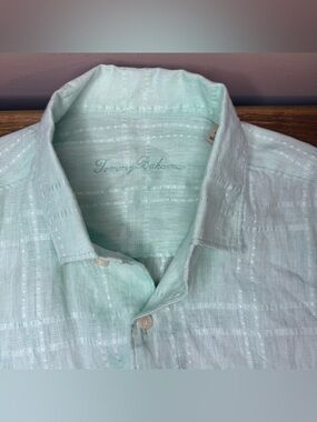 Tommy Bahama 100% Linen Embroidered Grid Long Sleeve Shirt Green Mint XL Summer